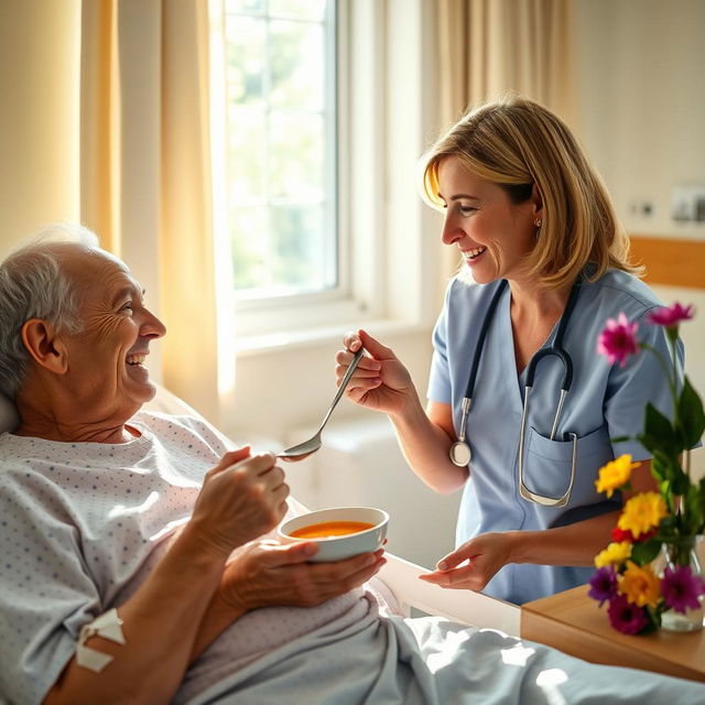 A caring nurse gently feeds an elderly patient in a bright, cheerful hospital room