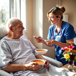 A caring nurse gently feeds an elderly patient in a bright, cheerful hospital room