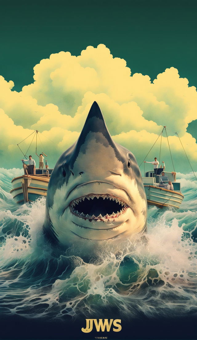 Animated Wes Anderson-style 'Jaws' poster featuring a puppet-style shark emerging from stylized waves towards a small boat under a pastel sky