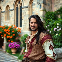 A charming medieval Frenchman in a picturesque village setting, near an ancient abbey