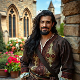 A charming medieval Frenchman in a picturesque village setting, near an ancient abbey