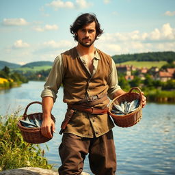 A handsome medieval French fisherman standing proudly at the edge of a serene river, dressed in a fitted linen shirt and rugged breeches