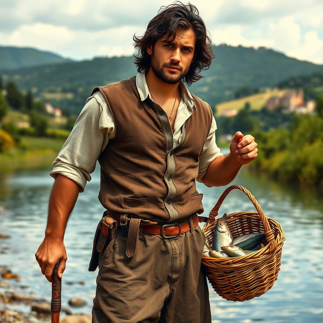 A handsome medieval French fisherman standing proudly at the edge of a serene river, dressed in a fitted linen shirt and rugged breeches