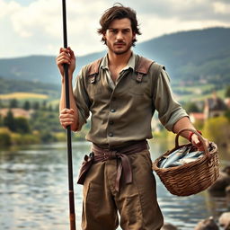 A handsome medieval French fisherman standing proudly at the edge of a serene river, dressed in a fitted linen shirt and rugged breeches