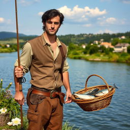 A handsome medieval French fisherman standing proudly at the edge of a serene river, dressed in a fitted linen shirt and rugged breeches