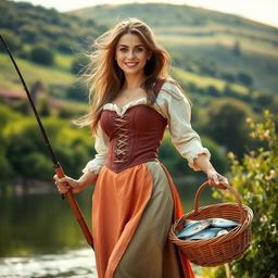 A beautiful medieval French female fisherman standing confidently by the riverside, dressed in a fitted, colorful dress with a corset that accentuates her curves