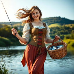 A beautiful medieval French female fisherman standing confidently by the riverside, dressed in a fitted, colorful dress with a corset that accentuates her curves