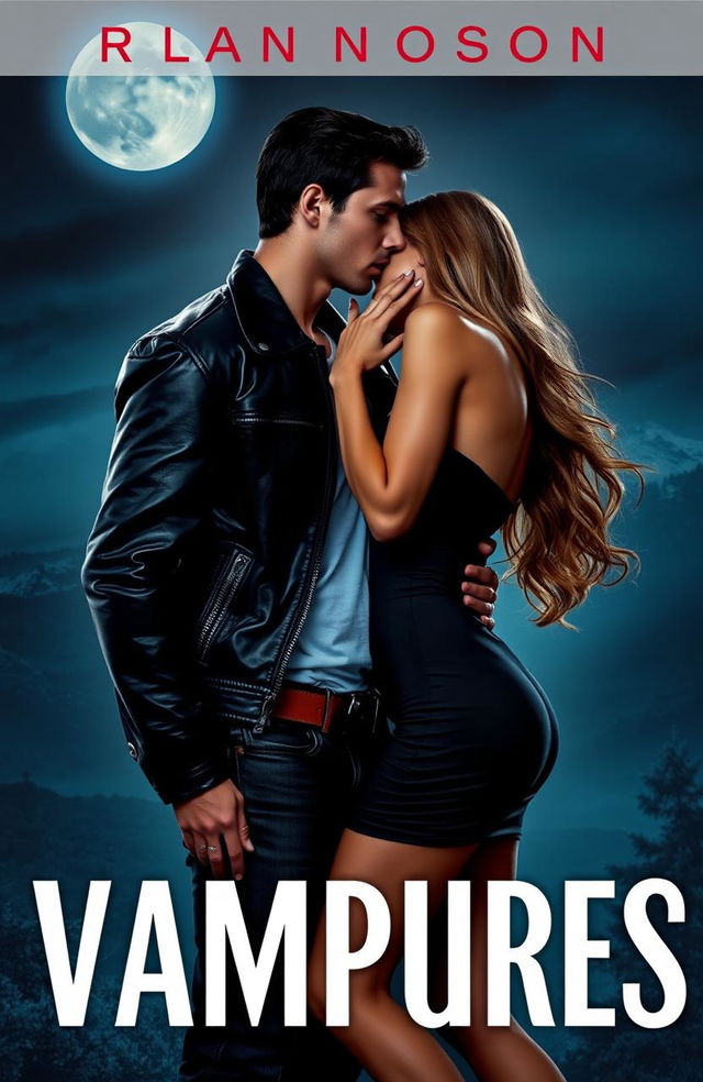 A romantic and sexy book cover depicting a handsome boy with a gangster appearance kissing a stylish girl on her neck under the moonlight