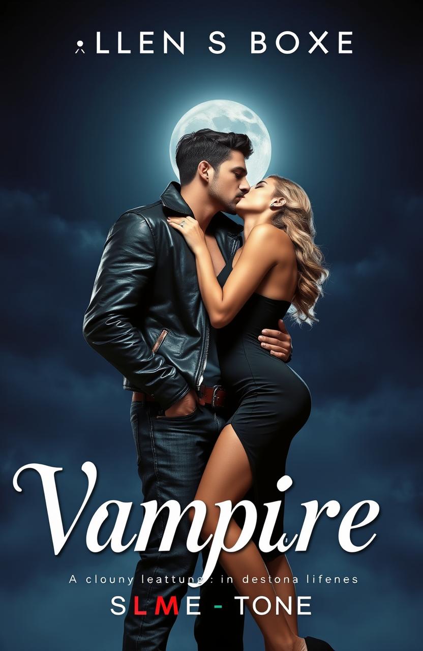 A romantic and sexy book cover depicting a handsome boy with a gangster appearance kissing a stylish girl on her neck under the moonlight