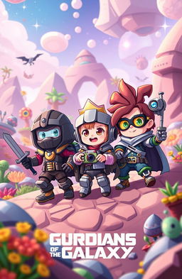 A whimsical scene depicting three little characters embarking on a thrilling adventure inspired by a video game universe, reminiscent of Guardians of the Galaxy