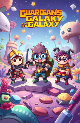 A whimsical scene depicting three little characters embarking on a thrilling adventure inspired by a video game universe, reminiscent of Guardians of the Galaxy