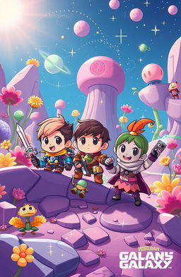 A whimsical scene depicting three little characters embarking on a thrilling adventure inspired by a video game universe, reminiscent of Guardians of the Galaxy