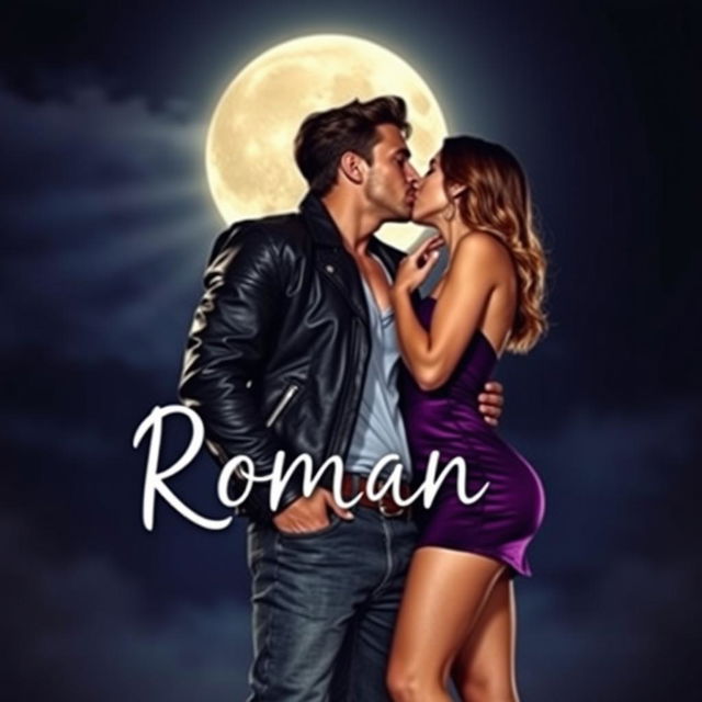 A romantic and sexy book cover showcasing a handsome boy with a gangster appearance kissing a stylish girl on her neck under the moonlight