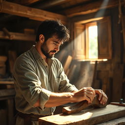 A ruggedly handsome medieval French carpenter at work in his workshop, surrounded by wooden beams and tools of the trade
