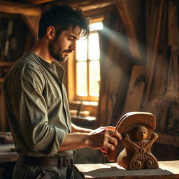 A ruggedly handsome medieval French carpenter at work in his workshop, surrounded by wooden beams and tools of the trade