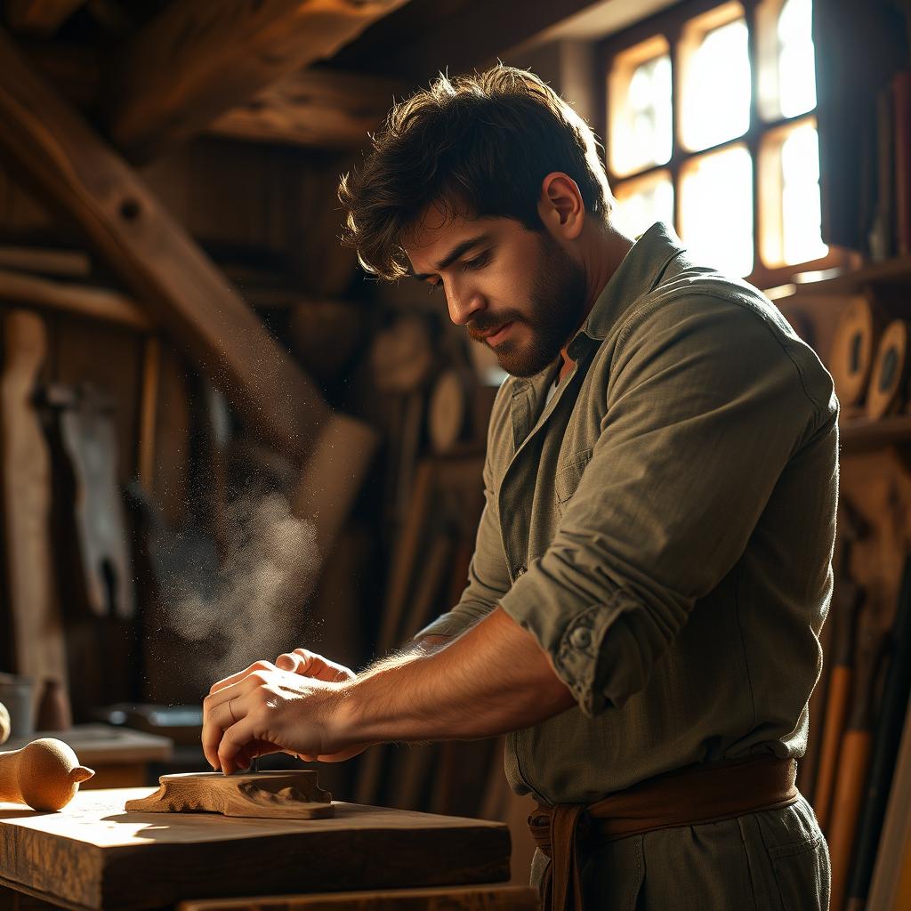 A ruggedly handsome medieval French carpenter at work in his workshop, surrounded by wooden beams and tools of the trade