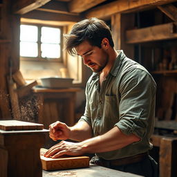 A ruggedly handsome medieval French carpenter at work in his workshop, surrounded by wooden beams and tools of the trade