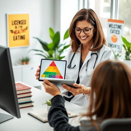 A licensed nutritionist in a modern office, sitting behind a sleek desk with health-related books and a computer