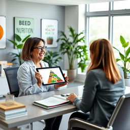 A licensed nutritionist in a modern office, sitting behind a sleek desk with health-related books and a computer