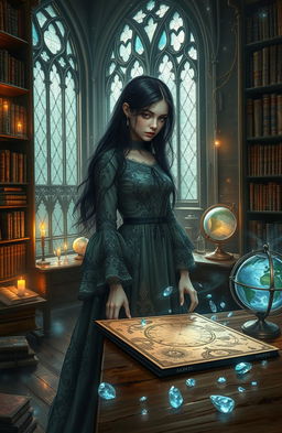 A captivating dark academia fantasy scene depicting a young adult female protagonist with long flowing black hair, dressed in an elegant vintage gown adorned with intricate lace patterns, standing in a mystical library filled with ancient books and luminous artifacts