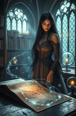 A captivating dark academia fantasy scene depicting a young adult female protagonist with long flowing black hair, dressed in an elegant vintage gown adorned with intricate lace patterns, standing in a mystical library filled with ancient books and luminous artifacts