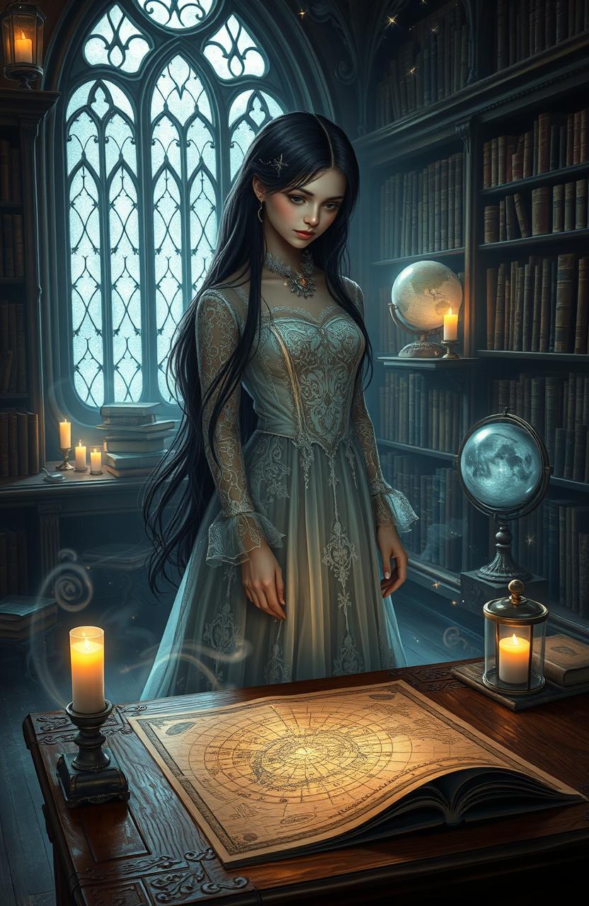 A captivating dark academia fantasy scene depicting a young adult female protagonist with long flowing black hair, dressed in an elegant vintage gown adorned with intricate lace patterns, standing in a mystical library filled with ancient books and luminous artifacts