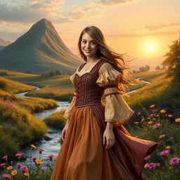A captivating medieval female Frenchman residing near a picturesque hill and a gentle stream