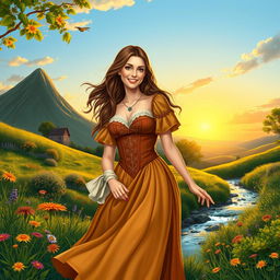 A captivating medieval female Frenchman residing near a picturesque hill and a gentle stream