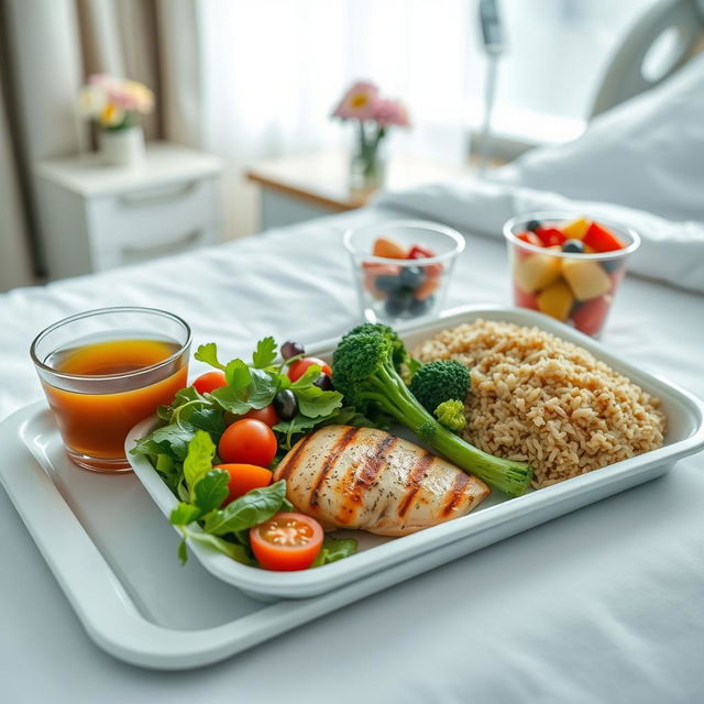 A well-arranged hospital food tray featuring a nutritious meal