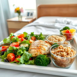 A well-arranged hospital food tray featuring a nutritious meal