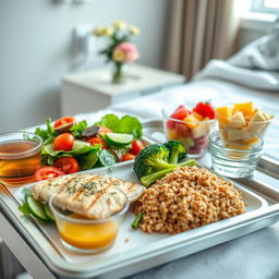A well-arranged hospital food tray featuring a nutritious meal