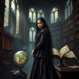 A mesmerizing dark academia fantasy scene inspired by 'Dreams of Moonstone and Starlight' by Marena Moon, featuring a young woman with long flowing raven-black hair, adorned in an ornate vintage gown with rich textures and deep jewel tones