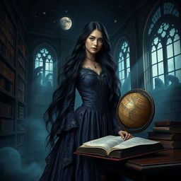 A mesmerizing dark academia fantasy scene inspired by 'Dreams of Moonstone and Starlight' by Marena Moon, featuring a young woman with long flowing raven-black hair, adorned in an ornate vintage gown with rich textures and deep jewel tones