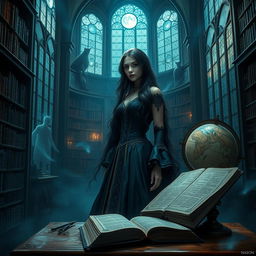 A mesmerizing dark academia fantasy scene inspired by 'Dreams of Moonstone and Starlight' by Marena Moon, featuring a young woman with long flowing raven-black hair, adorned in an ornate vintage gown with rich textures and deep jewel tones