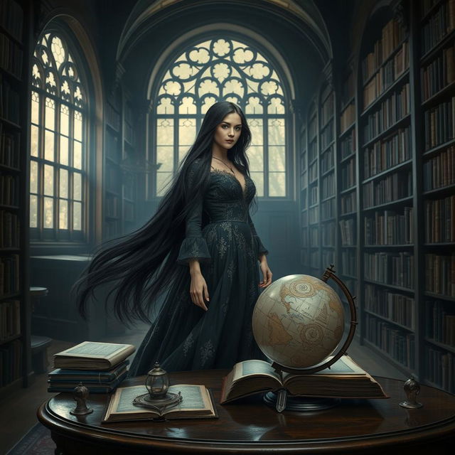 An enchanting dark academia fantasy scene inspired by 'Dreams of Moonstone and Starlight' by Marena Moon