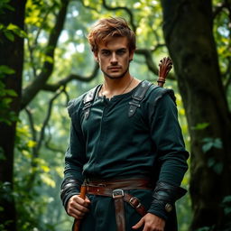 A striking medieval Frenchman serving as the keeper of the royal forest, portrayed standing tall and proud amidst a lush, verdant backdrop