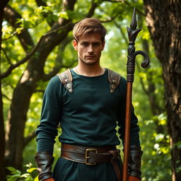 A striking medieval Frenchman serving as the keeper of the royal forest, portrayed standing tall and proud amidst a lush, verdant backdrop