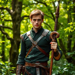 A striking medieval Frenchman serving as the keeper of the royal forest, portrayed standing tall and proud amidst a lush, verdant backdrop