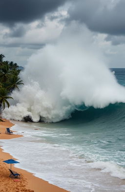 A dramatic scene of a massive tsunami wave crashing onto a tropical beach, towering over palm trees and creating a massive splash