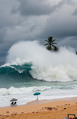 A dramatic scene of a massive tsunami wave crashing onto a tropical beach, towering over palm trees and creating a massive splash