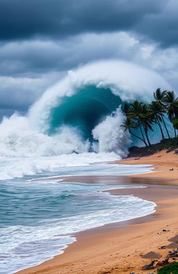 A dramatic scene of a massive tsunami wave crashing onto a tropical beach, towering over palm trees and creating a massive splash