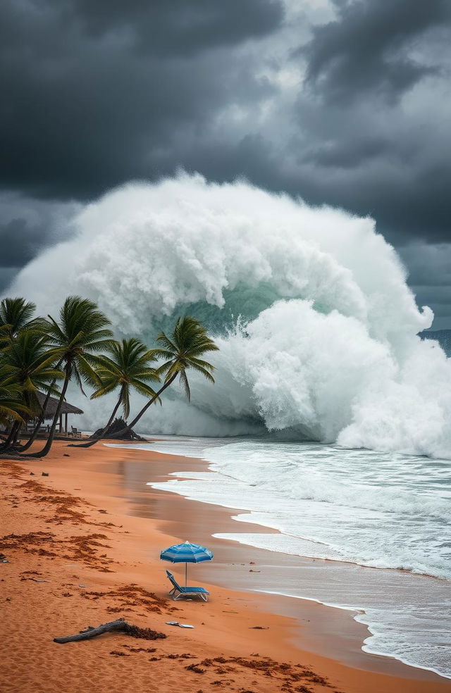 A dramatic scene of a massive tsunami wave crashing onto a tropical beach, towering over palm trees and creating a massive splash