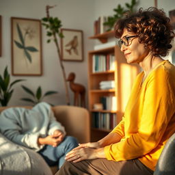 A serene and inspiring therapy session scene, featuring a cozy, warmly lit room with comfortable seating, plants, and calming art on the walls
