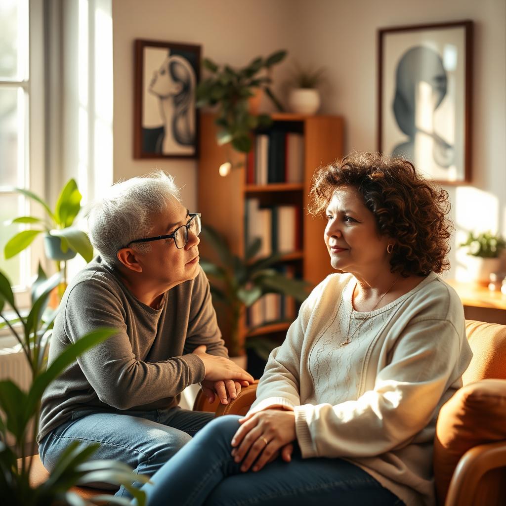 A serene and inspiring therapy session scene, featuring a cozy, warmly lit room with comfortable seating, plants, and calming art on the walls