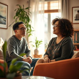 A serene and inspiring therapy session scene, featuring a cozy, warmly lit room with comfortable seating, plants, and calming art on the walls
