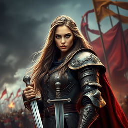 A strikingly beautiful medieval female French commander, exuding confidence and strength, stands tall in her ornate armor, intricately designed with rich details that reflect her high rank