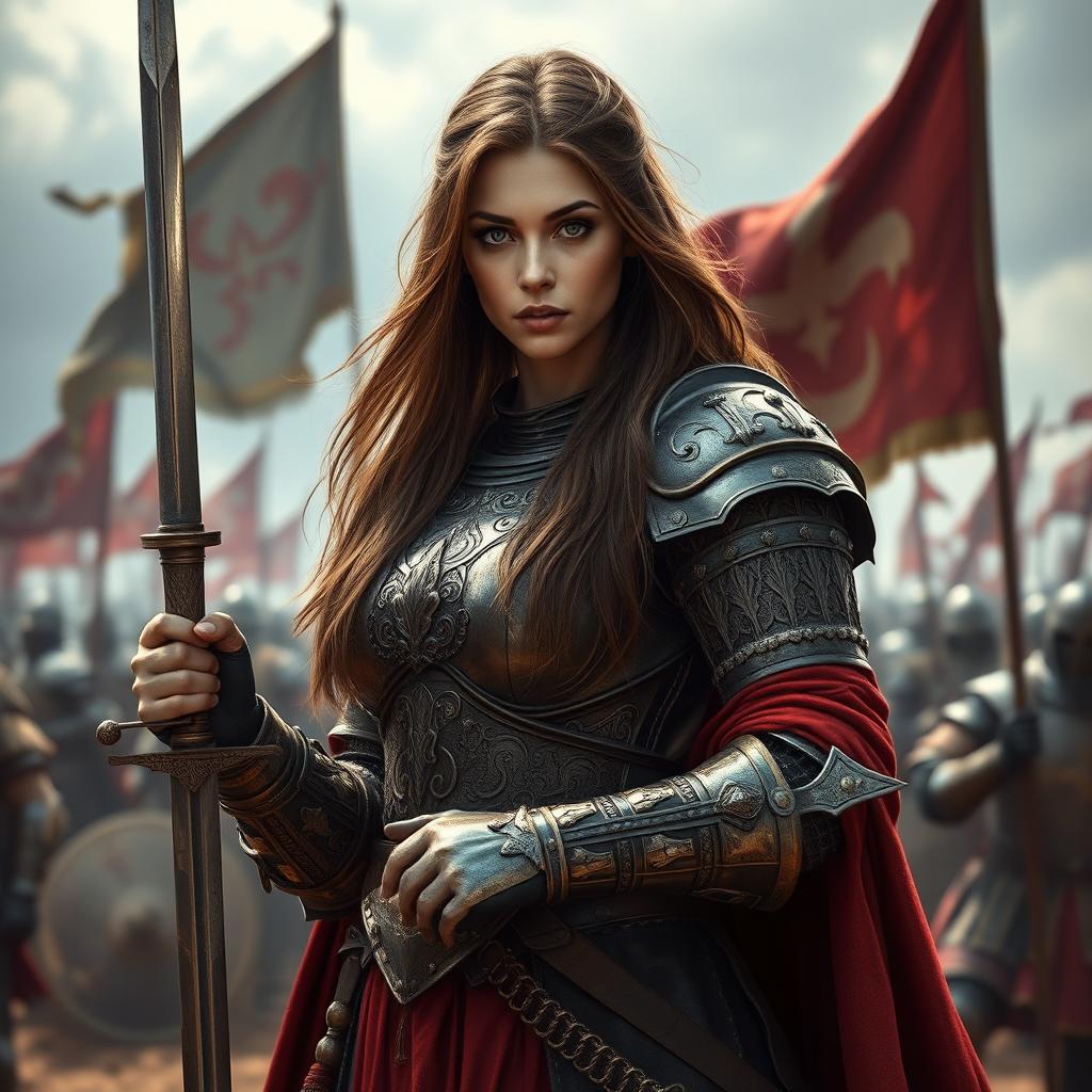 A strikingly beautiful medieval female French commander, exuding confidence and strength, stands tall in her ornate armor, intricately designed with rich details that reflect her high rank