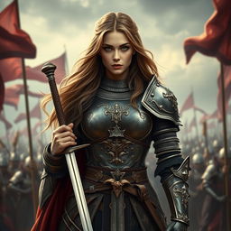 A strikingly beautiful medieval female French commander, exuding confidence and strength, stands tall in her ornate armor, intricately designed with rich details that reflect her high rank
