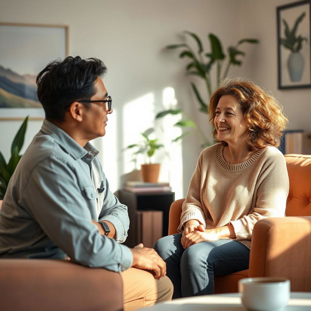 A serene and inspiring therapy session scene, featuring a cozy, warmly lit room with comfortable seating, plants, and calming art on the walls