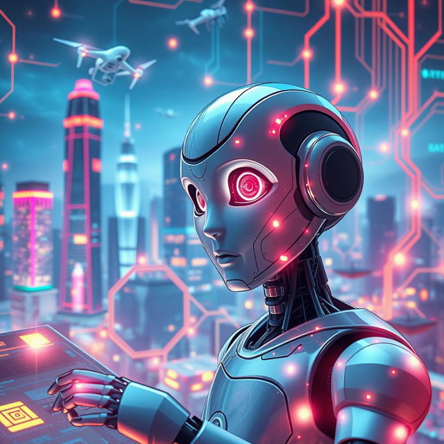 A vibrant and futuristic representation of artificial intelligence at work, showcasing interconnected circuits and glowing data streams flowing through a digital landscape